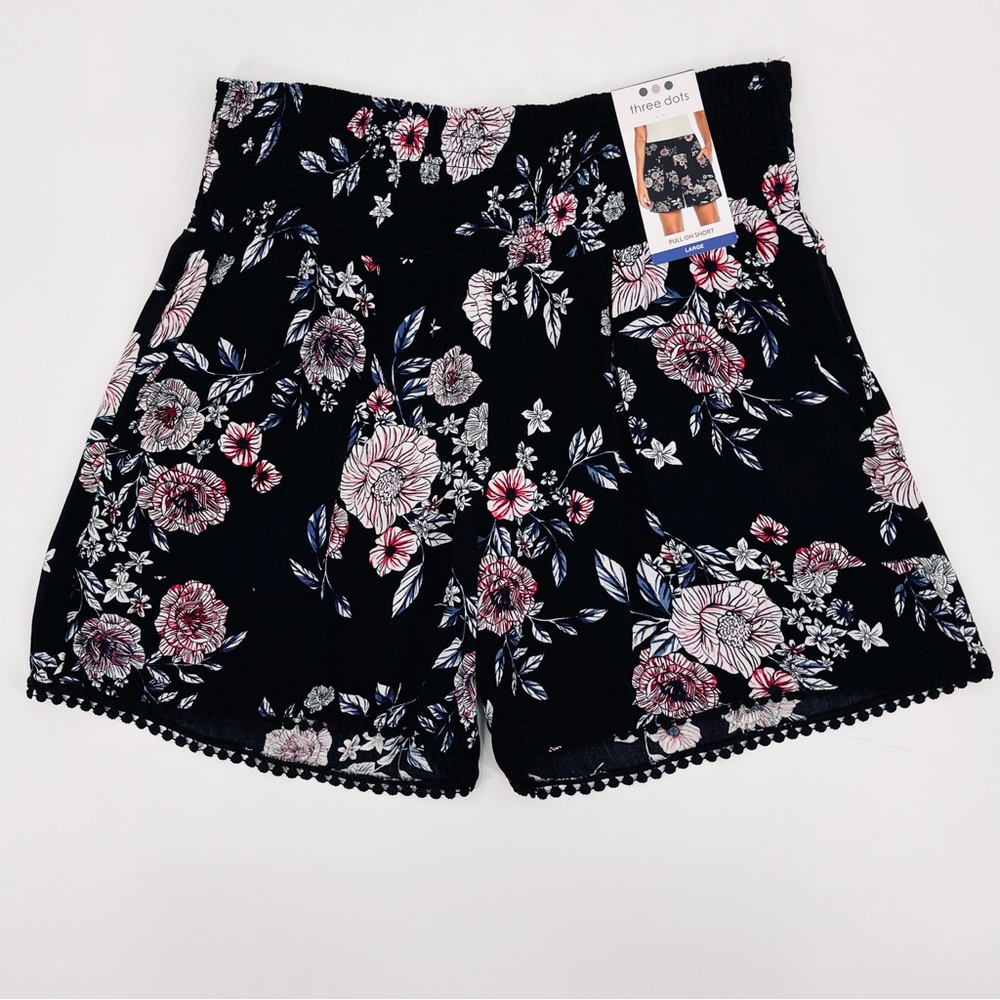 NWT Three Dots Black Hibiscus Floral Print Rayon Short